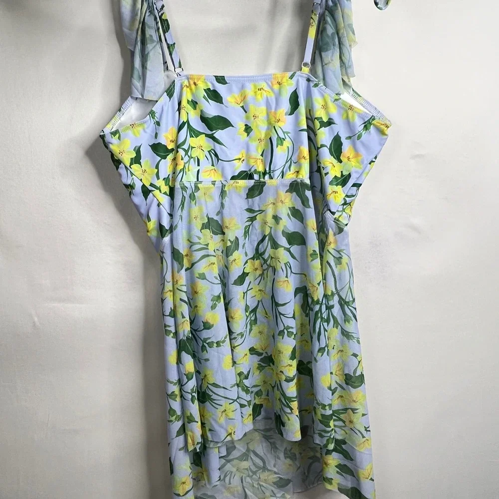 2-Piece Blue Floral Swim Dress Womens 3XL Ruched Mesh Tropical Beach Vacation